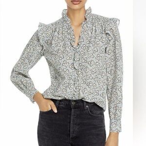 La Vie Rebecca Taylor Odette Paisley Blue Gold Metallic Cotton Blouse Size Small